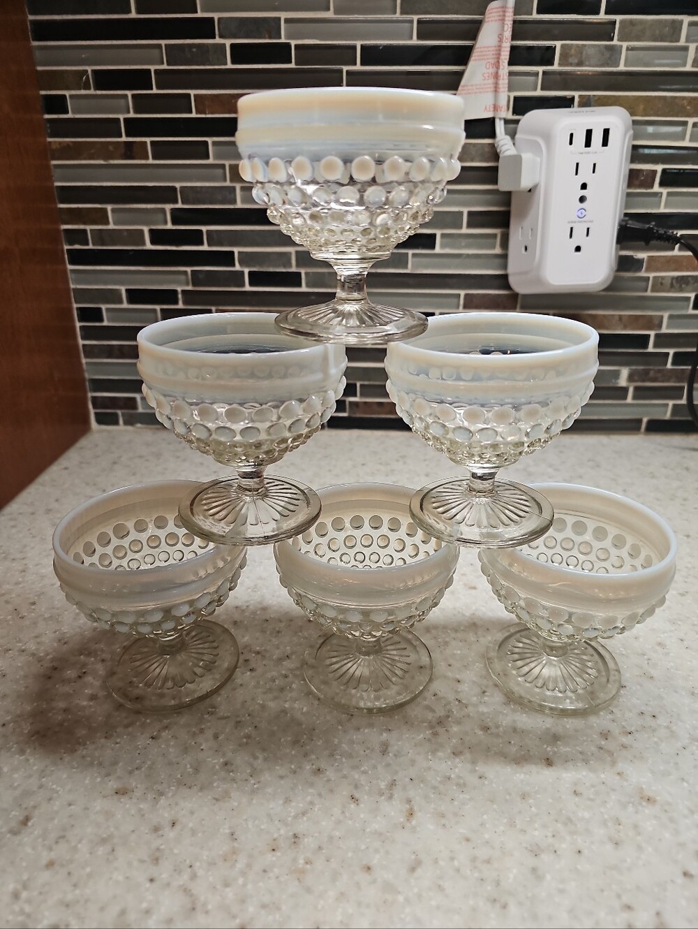 MOONSTONE  6 Anchor Hocking Opalescent Glass Sherbet Dessert Cups White Hobnail